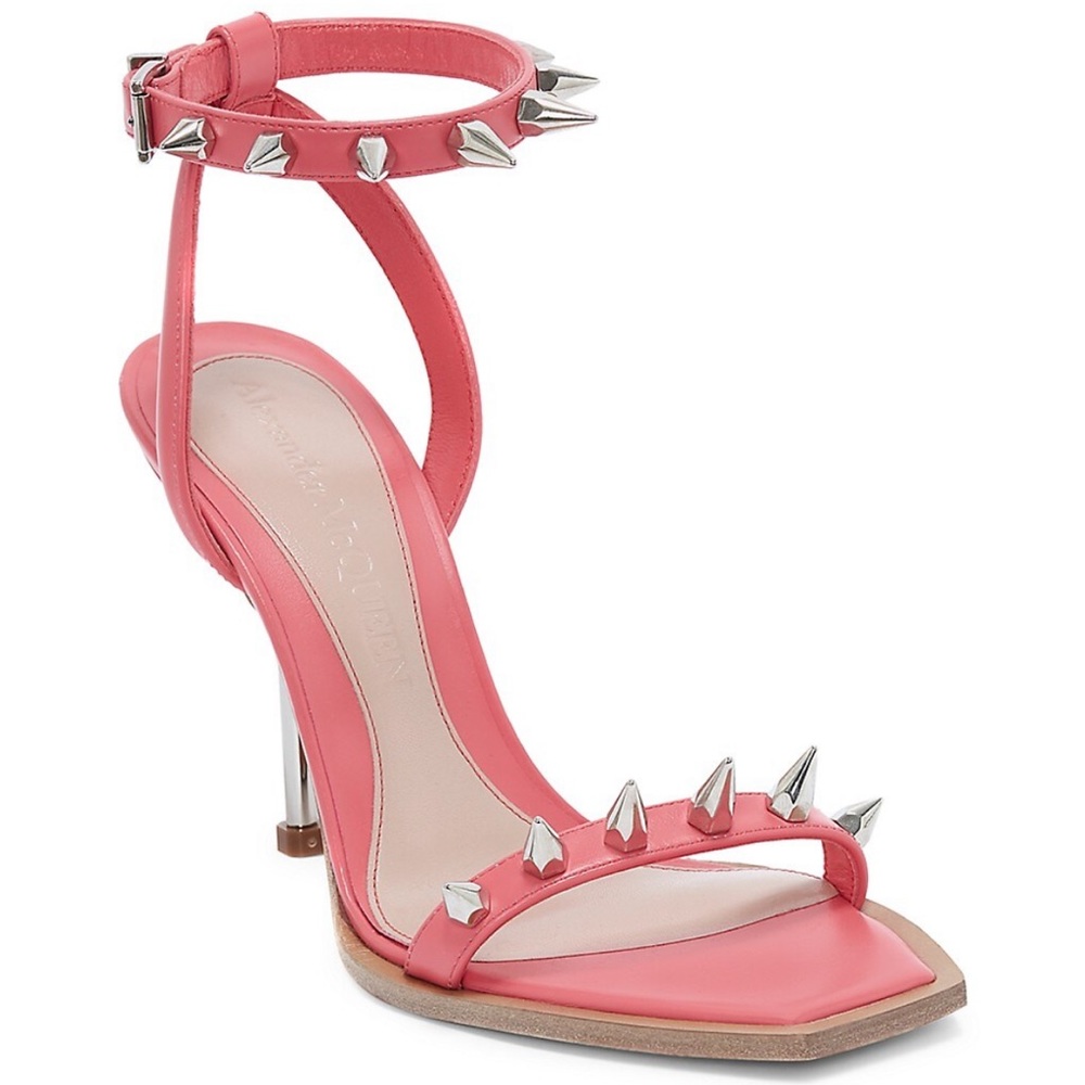 Alexander McQueen Punk Stud Leather Ankle Strap Heel Sandals Coral Pink Size 41